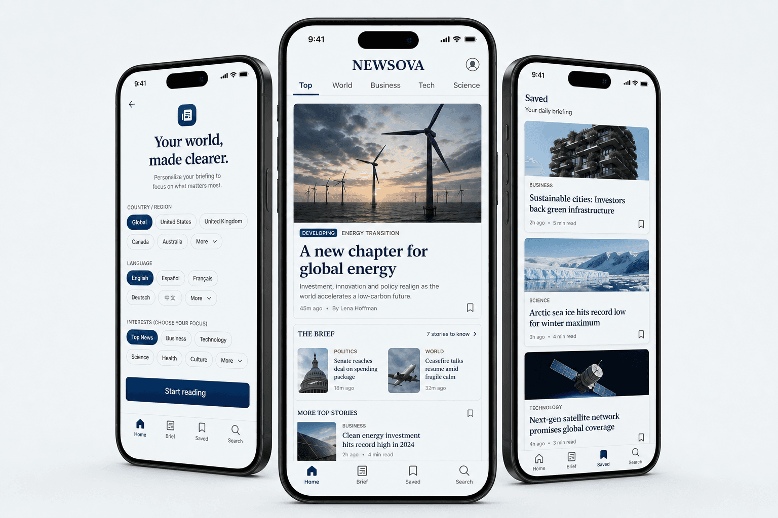Three iPhones showing Newsova personalization, news briefing, and saved stories